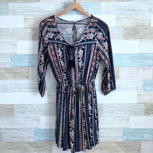 Hollister Peasant Shirt Dress Blue Pink Floral Cinch Waist Keyhole Womens Small